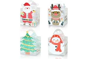 JOKEZEN 4 Pack Transparent Christmas Treat Boxes (9×9×14cm) – Santa, Reindeer, Snowman & Tree Design Gift Boxes – Clear Party Favour Packaging for Sweets, Chocolates, Bakery, Jewellery & Small Presents