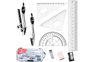 BABBBLISIO 10Pcs Geometry Sets Maths Sets for Secondary School, Maths Set Protractor and Compass Set Compass Maths Ruler Set with Storage Box, Suitable for School and Home Education