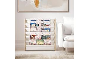 Trintion Kids Bookshelf Childrens Bookshelf with Pocket Easy Access 6 Tiers Natural Wood Books Storage Rack Perfect Fun for Kids Bedroom Storage 14X9X83 CM
