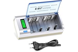 EBL 906 Caricabatterie Universale per AA e AAA C D e 9V Ni-MH Batterie Ricaricabili, Caricatore Batterie con LCD Display Retroilluminato