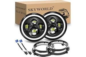 SKYWORLD 7 pulgadas Faro LED Redondo con anillo de soporte de montaje, 50W Hi/Lo Luz de trabajo LED Blanco Ámbar Iluminación Off Road Lights Halo DRL para Harley Wrangler JK TJ LJ CJ JP Humm-er