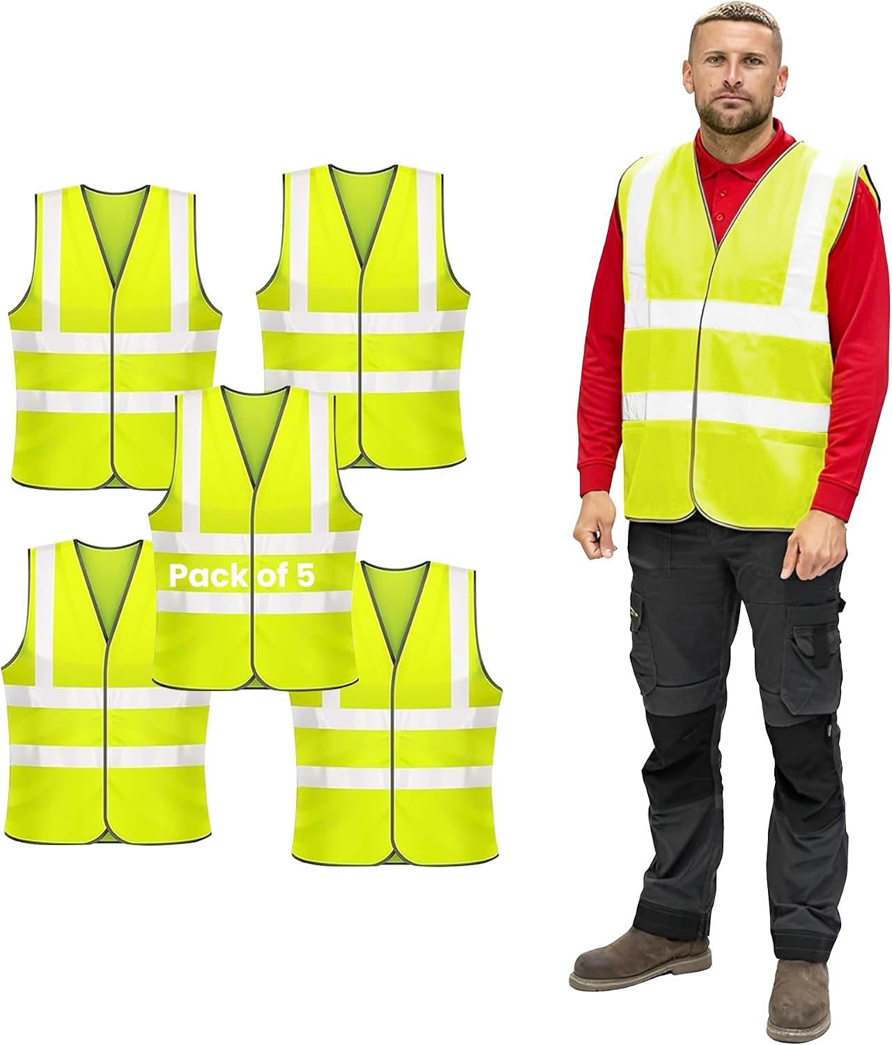 Vasego - 5 Pack of Plain Hi Visibility Reflective Safety Vest for Men & Women Fluorescent Waistcoat for Outdoor Running Walking Motor Bicycle Drivers -Class 2