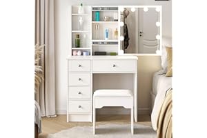 CLIPOP Schminktisch Weiß mit Schiebespiegel und Beleuchtung,Frisiertisch mit 5 Schubladen und Hocker,Kosmetiktisch mit 4 Offenen Fächern, 80 x 40 x 130 cm