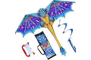 HONBO Dragon Kite for Kids and Adults-Easy to Fly, Beginner Kite-55 x 62inch with Spinning Tail 200ft Kite String, Kites Kids (BLUE)
