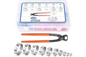 Cozywind Einzelohr Stufenlos Schlauchschellen Set mit Zange und 304 Edelstahl 115 STÜCKE Schhlauchklemmen 6mm - 28,6mm mit 9 verschiedene Größen Einzelohrschlauchklemme Crimper Werkzeug Kit