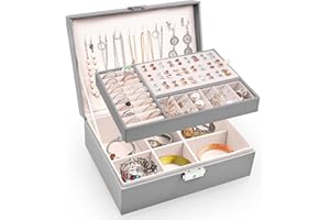 Larkumio Schmuckkästchen Mädchen Damen Groß, Schmuckaufbewahrung Schmuckkasten Sperren Schmuckschatulle, PU Leder Schmuckkiste 2 Schicht Jewelry Box Schmuckbox für Halsketten Ohrring Ring, Grau