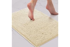 LuxUrux Bath Mat-Extra-Soft Plush Bath Shower Bathroom Rug, 1'' Chenille Microfiber Material, Super Absorbent Shaggy Bath Rug (Cream, 42 x 60 cm)