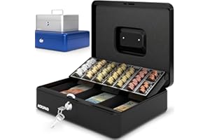 ACROPAQ Caja fuerte portátil de caudales - (30 x 24 x 9 cm), Con bandeja para conteo de monedas, Estructura de acero, con 2 llaves incluidas, Negro - Caja dinero