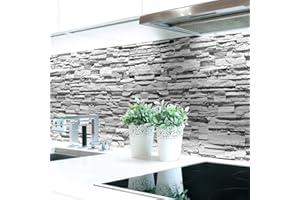 ‎DRUCK-EXPERT Küchenrückwand Stein Motive Eco Express Polyester 0,1 mm selbstklebend, Größe:400 x 80 cm, Muster:Steinschichten Hellgrau