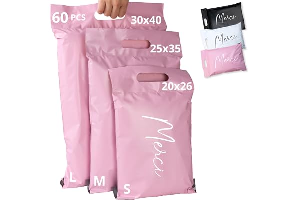 EMBALLAX - 60 Pochettes d’Envoie Colis Vinted - Taille S/M/L - Résistante, Opaque, Imperméable - Enveloppe Plastique Expédition - Emballage Envoie Vetement, Boite, Sac - Poignée - Merci
