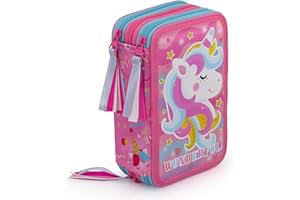 J.M. Inacio UNICORNO - ASTUCCIO SCUOLA 3 ZIP UNICORNO ARCOBALENO - COMPLETO DI 44 PEZZI - PRODOTTO ESCLUSIVO (ROSA/CELESTE)