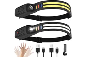 Headlamp LED Rechargeable 2 Pieces, 2000 Lumens, Super Bright White Light Intelligent Sensor, 9 Light Modes 4 Colors IPX4 Waterproof 0.1kg Light Headlamps for Running, Camping, Fishing