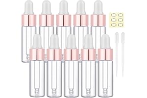 Apstaqeoo 10Pcs, 5Ml Clear Glass Sample Dropper Bottles, Empty Mini Bottles with Dropper Pipettes Rose Gold Aluminum Alloy Cap Refillable Sample Container for Essential Oils Perfume Cosmetic Liquid