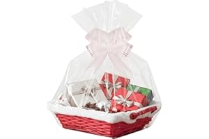 H-Line Christmas Hamper Basket Santa Bamboo Baskets Wicker Baskets with White Faux Fur Trim Cellophane Wood Shred Bow Set Decorative Festive Hamper Christmas Basket for Snacks Sweets (Medium)