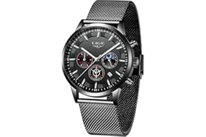 LIGE La Moda Relojes Hombre Negocios Impermeable Cuarzo simulado Reloj Fase Lunar Negro Acero Inoxidable Cinturón de Malla Relojes de Pulsera