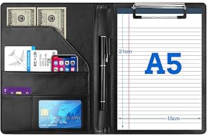 WIKSITE Clipboard Folder A5, Multifunctional Business Leather Document Clip Board, Folder A5 Clipboard Conference Folder A5 Clipboard Portfolio or Work Writing Conference Folder with A5 Paper & Pen, Black