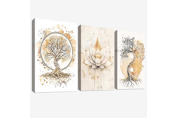 3Pc Cadre en Bois Impression sur Toile Arbre de vie Yin Yang Tableau Image sur Toile Bouddhisme Zen Fleur de lotus Beige Tableau Decoration Murale Salon Chambre Salle de Bain 30x40cm x 3pcs