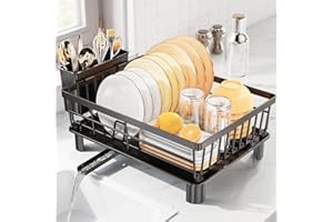 LIONONLY Dish Drainer Rack with Drip Tray,Space Saving Dish Rack,Stainless Steel Draining Board Rack with Utensil Holder,Detachable Dish Drying Rack for Kitchen,Kitchen Sink Drainer Rack