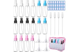 Duufin 16 Pcs Spray Bottles 50ml Empty Plastic Fine Mist Atomiser Bottle with 4 Pcs Funnels 4 Pcs Droppers and 24 Pcs Labels (Bonus: 1 Pc Transparent Zipper Bag) (Black, White, Blue and Pink)