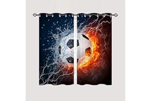 ANHOPE Football Curtains Eyelet Ring Top Thermal Insulated 80% Blackout Curtains with Sports Theme Flame Soccer Print Pattern Window Drapes for Kids Boys Bedroom Living Room 28 x 54 Inch Drop 2 Panels