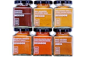 DAMUNE Chiles del Mundo: Carolina Reaper Molido (45g), Bhut Jolokia Molido (45g), Scorpion Trinidad Butch T Molido (45g), Savina Rojo Molido (45g), Chipotle Molido (45g) & Jalapeño Rojo Molido (45g)