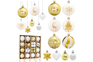 Aitsite 38 sztuk bombek choinkowych w kolorze białym, złotym, 6 cm/3 cm, z tworzywa sztucznego, z zawieszeniami, odporne na pękanie, ornamenty, ozdoby choinkowe, dekoracja bożonarodzeniowa, do użytku