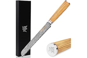 YOUSUNLONG Couteau à pain dentelé 20,32 cm - japonaise Damas en acier - Bois d'olivier italien avec étui en cuir