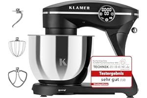 ‎KLAMER KLAMER Küchenmaschine 1800W, Knetmaschine Brotteig mit Edelstahl-Rührschüssel 6 L, 10 Stufen mit Timer, Planetenrührwerk, Rührbesen, Knethaken, Schneebesen & Sichtdeckel (schwarz)