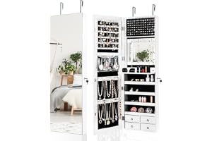 COSTWAY Smyckesskåp med LED-belysning, smyckeshylla med helkroppsspegel, säkerhetsskåp med 4 lådor, 4 hyllor för smycken och kosmetika, skåp, dörr- och väggmonterad