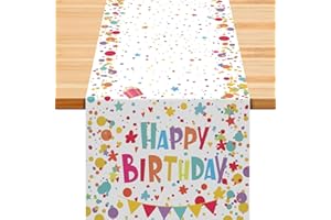 TNYKER Tischläufer Geburtstag Weiß, Tischdecke Geburtstag mit Bunte Punkte, Happy Birthday Tischläufer zum Geburtstag, Tischdeko Geburtstag für Junge Mädchen Party Geburtstagsdeko, 180 x 35 cm