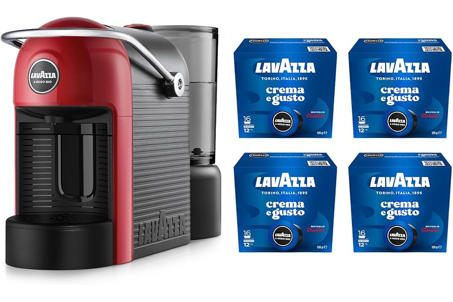 Lavazza A Modo Mio Jolie Evo Coffee Machine Made with 36% Recycled Plastic, Espresso Machine with 64 Capsules Lavazza A Modo Mio Crema and Classic Flavour Included, Red