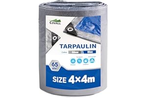 Covall Tarpaulin Lightweight Tarp Groundsheet Sheet Cover 4x4m Waterproof 65g/m² Silver&Blue tarpaulin with eyelets Weatherproof Windproof UV-Resistant for Car Truck Rv House Tent Boat Pool