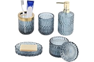 BESTYIJO Juego de 5 Accesorios de Baño de Cristal Set de Accesorios de baño Conjunto Baño Accesorios Vaso para Cepillos de Dientes Soporte para Cepillos de Dientes Dispensador de Jabón Dispensador de Bomba