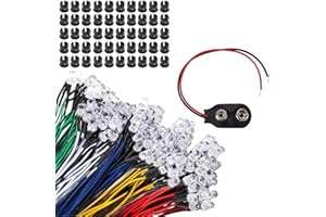GTIWUNG 50PCS 5mm Diode électroluminescente, Diode Ampoule LED Câblé, Diode LED Pré-câblée Lumière 50PCS Plastique 5mm LED Lumiere Panneau de Support de Montage 10PCS Connecteur Pile 9V