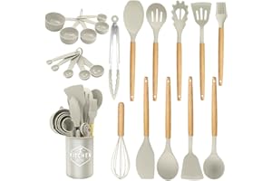 KAWAOLOGY Utensili da cucina in silicone 12 pezzi, set di utensili da cucina per pentole antiaderenti, al calore e antiaderenti con manico in legno per utensili senza BPA (Caqui)