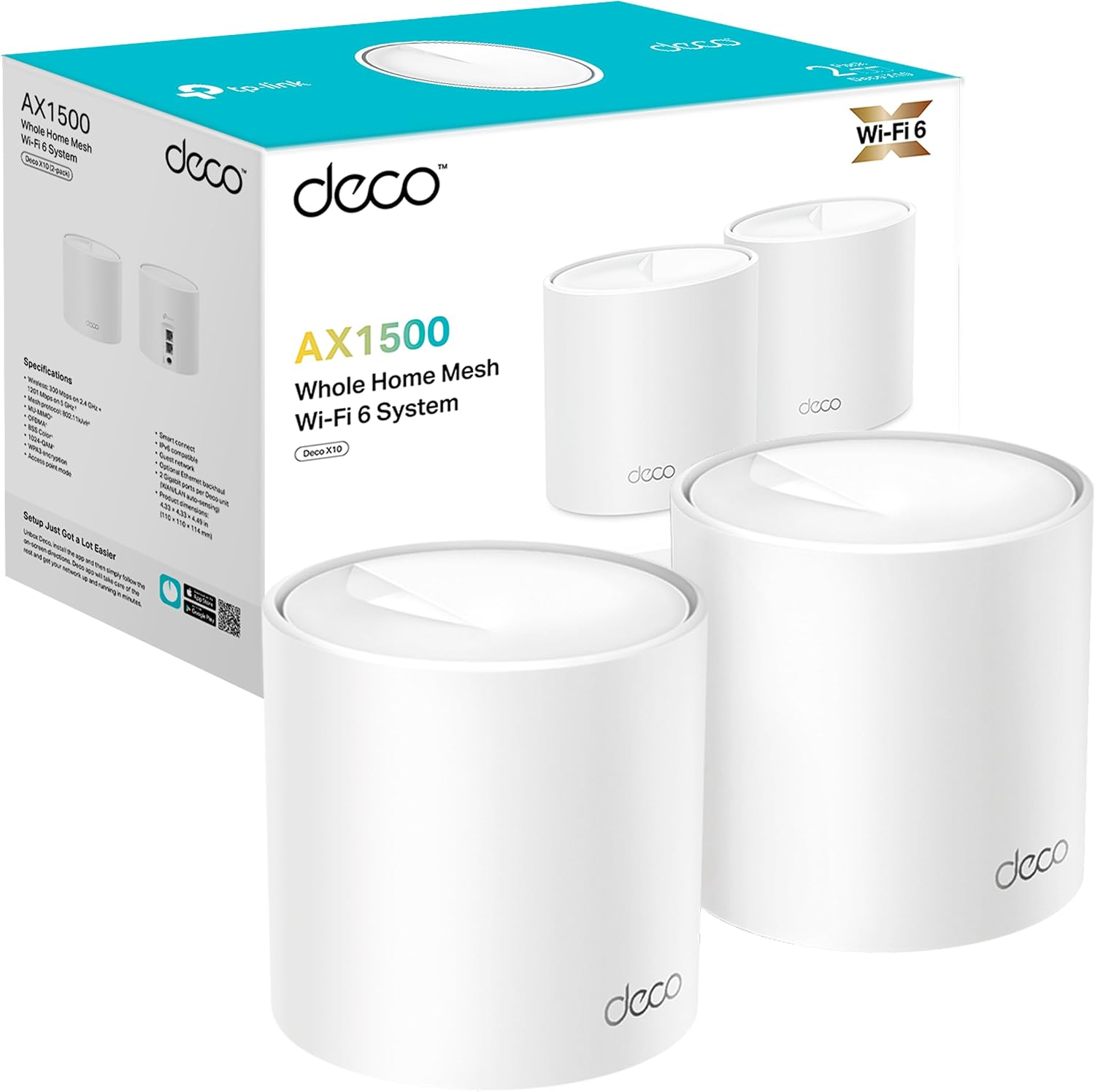 [Nuevo] TP-Link Deco X1500 (2-Pack) - Sistema WiFi 6 Mesh IA, AX1500 Doble Banda 2.4 GHz/5 GHz, Cobertura hasta 360 m2, 3X Puertos Gigabit por Unidad, 160MHz, ODFMA, 1024QAM, Control Parental