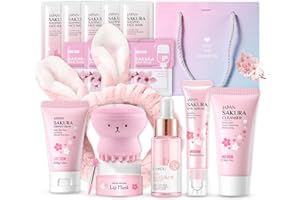 ‎SHEFAVE Sakura Sakura Gesichtspflege Set 11pcs Feuchtigkeit Hautpflege Sets-Serum, Gesichtscreme,Reiniger,Toner,Augenserum, Mask,Schlammmaske, Geschenke Set für Gesicht Reinigung & Pflege (Rosa lila)