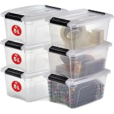 Iris Ohyama 6 Storage Boxes with Lids, 5L, Transparent, Locking Clips, Durable, Stackable, for Bedroom, Wardrobe, Office, Org