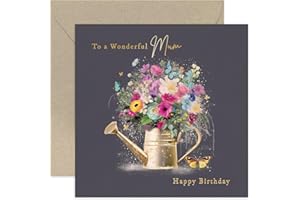 OLD ENGLISH COMPANY Old English Co. Female Happy Birthday Card for Mum - 'Wonderful Mum' Watering Can Birthday Card - Gold Foil Butterflies and Colourful Flowers - Birthday Gift for Her - Women Cards | Blank Inside
