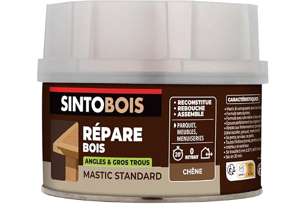 SINTO - Pâte à Bois - Angles et Gros Trous - Reconstitue Parties les Manquantes - Intérieur Extérieur - Haute Résistance & Adhérence - Sec en 20min - Chêne - Technique Professionnelle - 190g