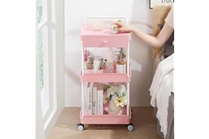 APEXCHASER Rolling Storage Cart with Drawer & Table Top, 3 Tier Rolling Utility Cart, Rolling Cart Organizer for Teacher Craft Baby Nursery, Utility Cart for Kitchen Bathroom Bedside Office(Pink)