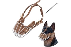 YINRIKOM Bozal para Perro, Cesta de Metal para la Cara del Perro, Correa de Cuero Ajustable Transpirable Adecuada para Perros Grandes y medianos (L) (Marrón M)