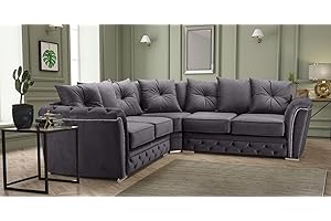 SOFAHEAVEN Luxury Chesterfield Dark Grey Plush Fabric 5 Seater Corner sofa Settee - Cheap Large 2C2 Suites & Couches for Living Rooms-101 (Dark Grey Plush)