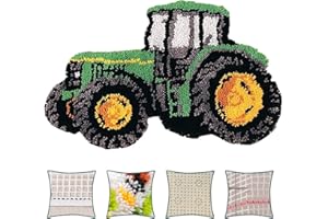 DATOU Knüpfteppich Knüpfset Knüpfpackung Zum Selber Knüpfen Teppich Für Kinder Erwachsene Oder Anfänger DIY Shaggy Traktor Muster Gedrucktes Muster(Size:85x66cm,Color:Grün)