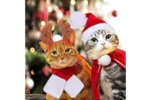 BUKYCAT 4 Piezas Disfraces Navidad para Gatos, Disfraz de Navidad para Mascotas, Disfraz de Navidad para Perros, Gorro de Papá Noel, Bufanda Mascota Navidad, Capas, Diademas de Reno (Large)