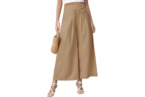 PASUDA Pantalon Femme Été 7/8 Lin Pantalons Fluide Large Taille Haute Elastique Pantacourt Grande Pantacourt avec Poches Ample Wide Leg Longueur Pants Évasé Décontractée