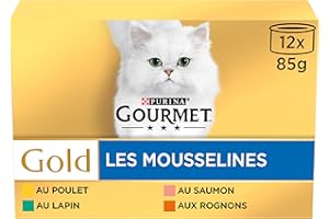 GOURMET GOLD | Chat | Les Mousselines | Poulet, Saumon, Rognons, Lapin | 12 x 85 g | Lot de 8| Boite