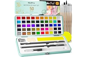 Nicpro 50 Farben Aquarellfarben Set, Inklusive Metallischer und Fluoreszierender Farbe, 8 Malpinsel, 25 Aquarellpapier und Palette, für Künstler, Erwachsene, Kinder, Anfänger, mit Geschenkbox