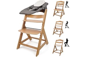 509 Crew Sun Wooden High Chair Grow Up Set from New Born Up to 90kg, Baby High Chair Include New Born Seat, Pillow Cushion, Color Natural Charcoal