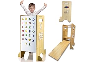 KASVAA – Torre de Aprendizaje Montessori 3 en 1 Premium con Tobogán, Pizarra Magnética y 4 Juegos Laterales – Madera Multicapa Certificada CE/EN71 – Evolutiva, Segura y hasta 60 kg
